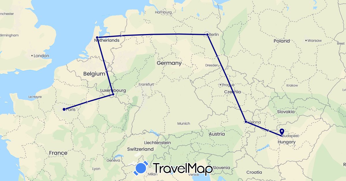 TravelMap itinerary: driving in Austria, Germany, France, Hungary, Luxembourg, Netherlands (Europe)